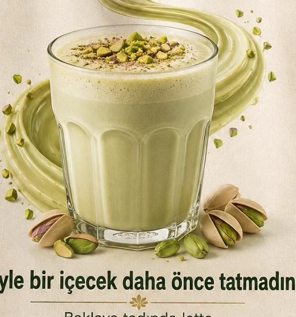 Fıstık parçalarıyla Pistalatte sunumu